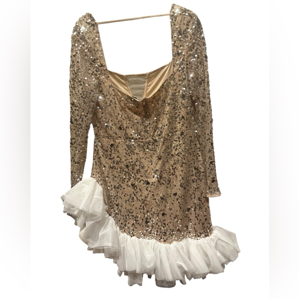 Asos Luxe Sequin Long Sleeve Nude gold sequin white tulle hem dress size 14 - Picture 6 of 12